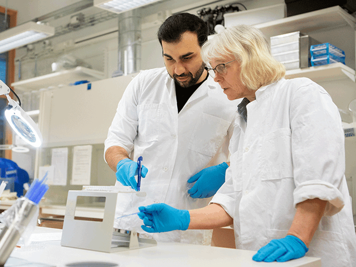 Two persons in white lab coats examine something in a laboratory.