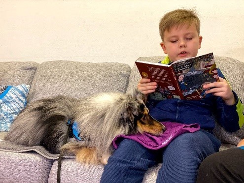 pojke sitter i soffa och läser en bok, bredvid ligger en hund med sitt huvud i pojkens knä