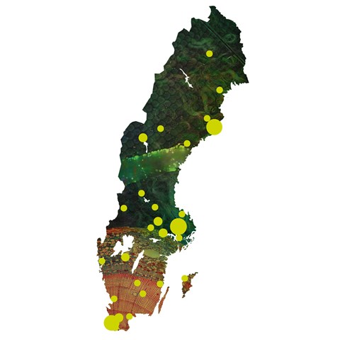 En Sverige-karta med alla orter där SLU har verksamhet inprickade.
