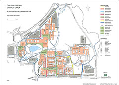 Länk till större bild av översikt över universitetsområdet i Umeå (pdf, 2,5 mb, öppnas i nytt fönster). 