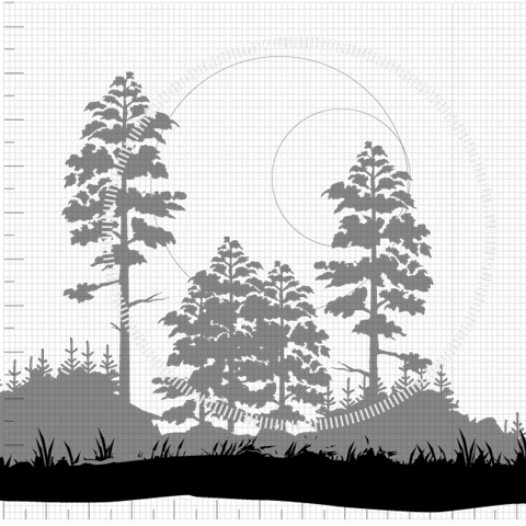 Skog. Gräs. Cirklar. Svartvit tredimensionell bild.