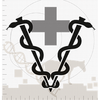 Symbol för veterinär: två ormar omslingrar stavar. Kors. Skrittande häst. Svartvit tredimensionell bild.