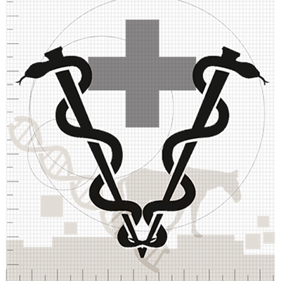 Symbol för veterinär: två ormar omslingrar stavar. Kors. Skrittande häst. Svartvit tredimensionell bild.