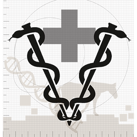 Symbol for veterinarian: two snakes entwine poles. Cross. Horse at walking pace. Black and white three-dimensional picture.