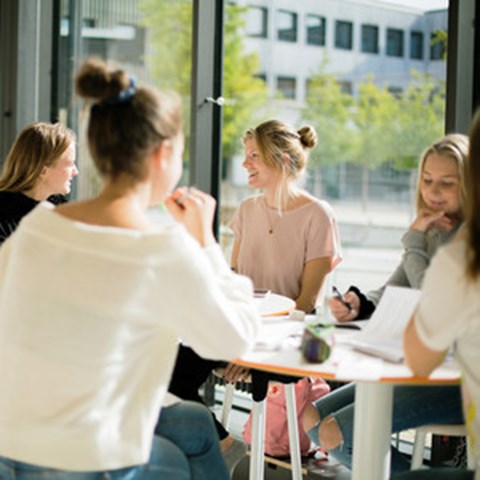 Fem glada studenter runt ett bord framför ett fönster. Foto.
