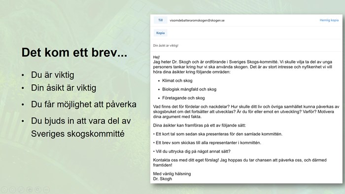 Bild av ett fiktivt mejl från Doktor Skogh, ordförande i Sveriges skogskommitté