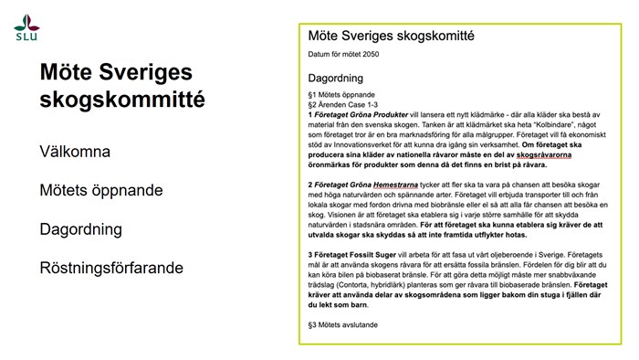 Bild med dagordning från fiktivt möte med Sveriges skogskommité 2050 - en del av rollspelet Skogsdebatten