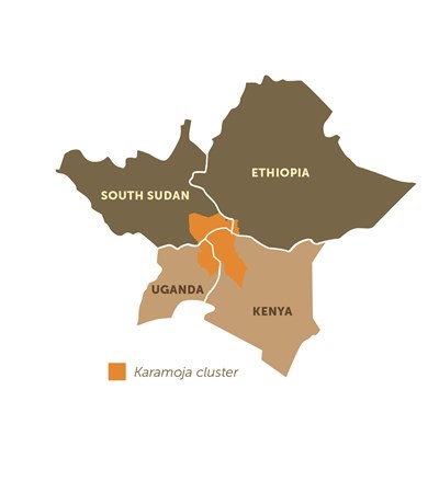 A map of the Karamojong cluster area in South Sudan, Ethiopia, Uganda and Kenya.