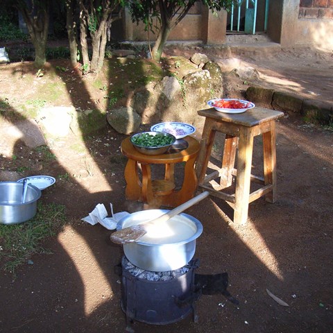 A cooking pot on a simple woodsaving stove in Kenya.