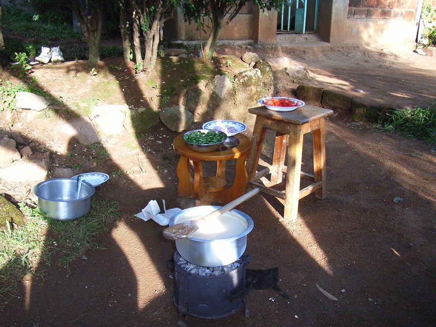 A cooking pot on a simple woodsaving stove in Kenya.