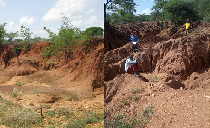 Divided picture with two severely eroded landscapes.