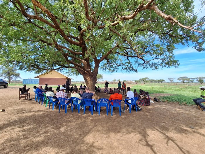 People sitting around a tree