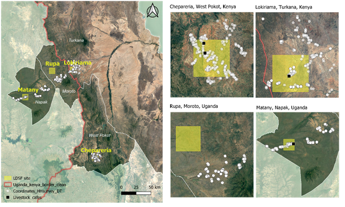Map showing where households had been interviewed in Uganda and Kenya