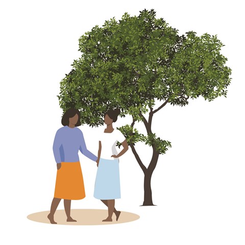 Two women talking under a tree.
