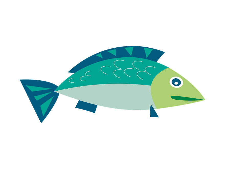 tecknad fisk i grönt och blått