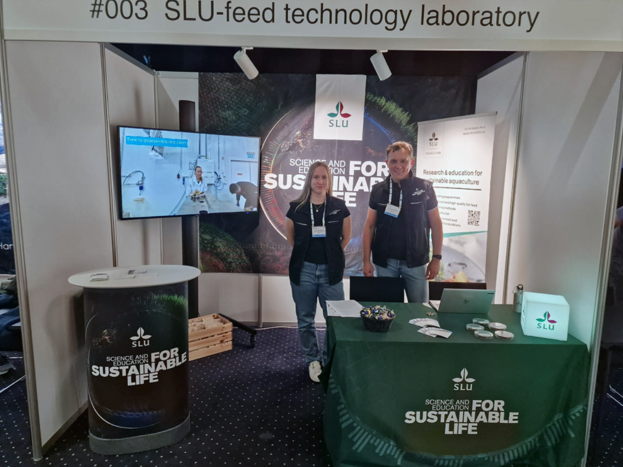 A woman and man standing in an exhibition stand at a congress. 