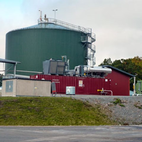 En grön cylindrisk byggnad med ett rött lågt hus framför, foto.
