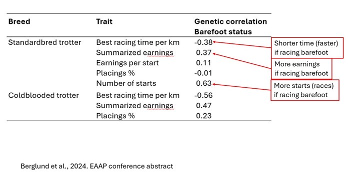 Table showing genetic correlation between racing barefoot and performance traits for trotters