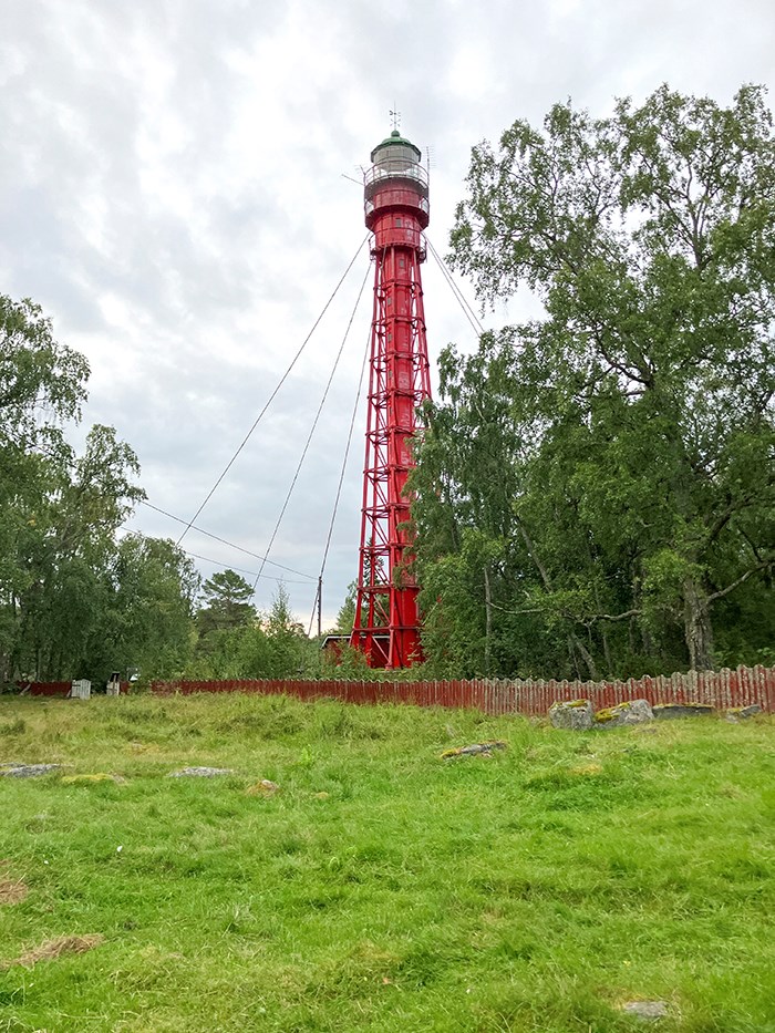 En gräsmark i förgrunden, i bakgrunden ett högt rött metalltorn. Foto. 