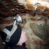 Person med stor pannlampa i en stenkällare, lyser på en fladdermus som sitter i taket. Foto. 