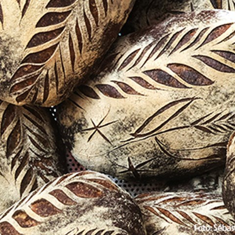 Round breads with cut patterns. Photo. 