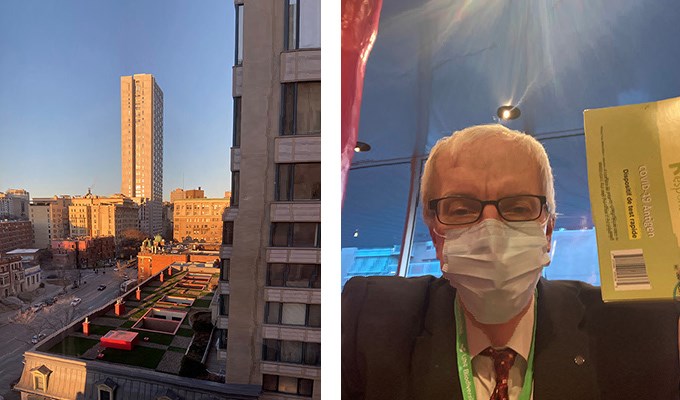 Collage av två foton: en vy över stor stad med höghus, ett självporträtt med en person i munskydd som håller upp ett covidbevis. Fotocollage
