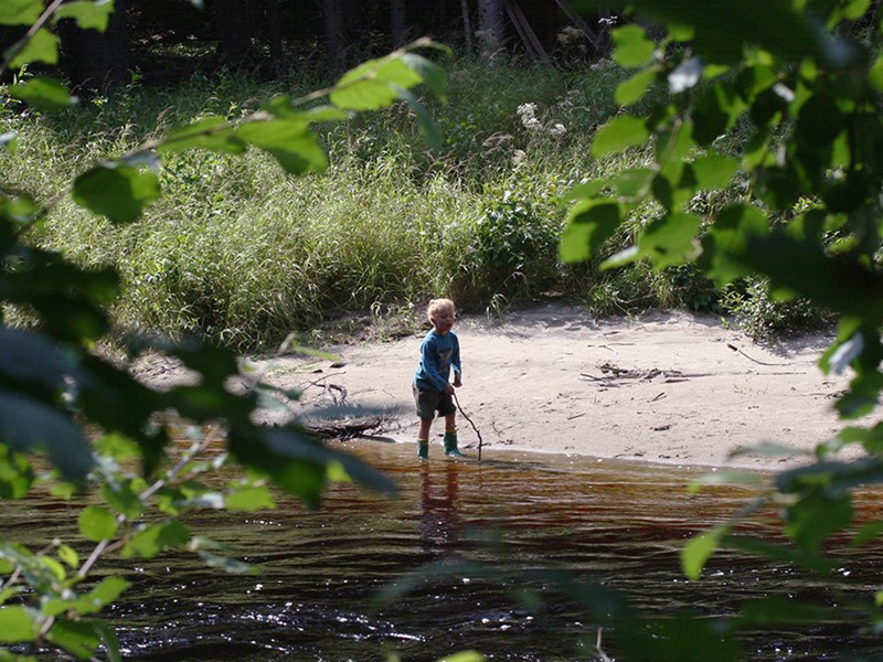 Pojke leker i vattenbrynet vid en skogssjö. Foto.