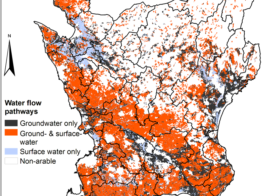 Karta över södra Sverige, som visar vattnets flödesvägar.