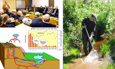 Collage: Photo of people in a meeting room; photo of a man in a stream with a sampling net; schematic illustration showing the transport of water in the landscape.