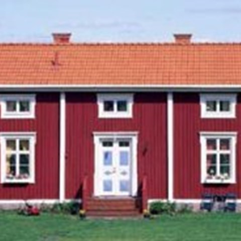 Rött trähus, foto.
