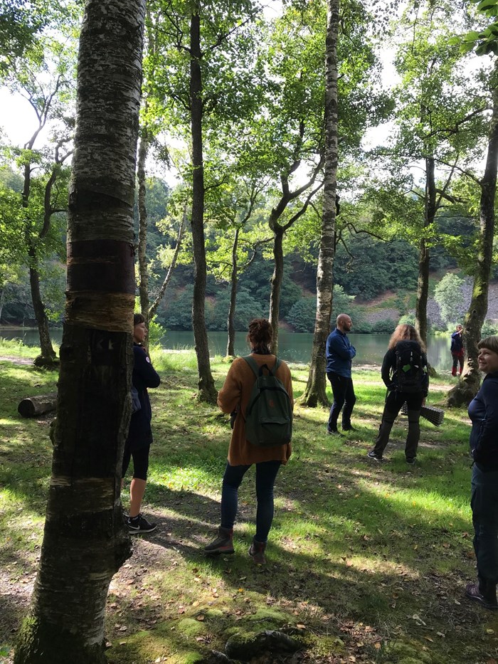 Deltagare i seminarium om natur och hälsa blickar ut över Odensjöns vattenyta i Söderåsens nationalpark. Foto: Eva Sandberg CNV