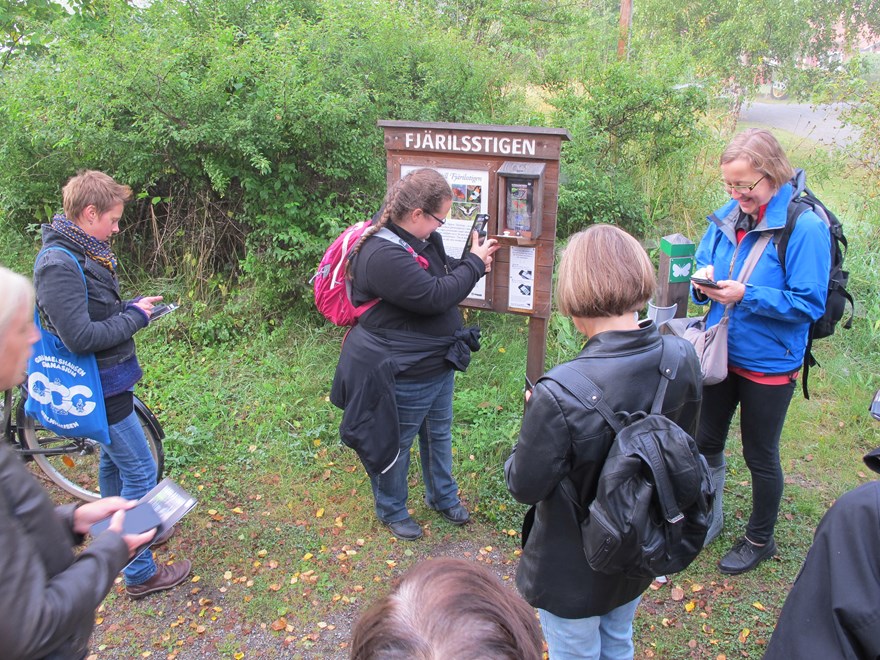 En grupp människor utomhus framför en informationstavla med texten ”Fjärilsstigen”. Foto.