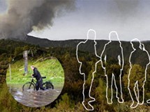 Fotomontage: Cyklist i vatten, träd, silhuetter av människor.