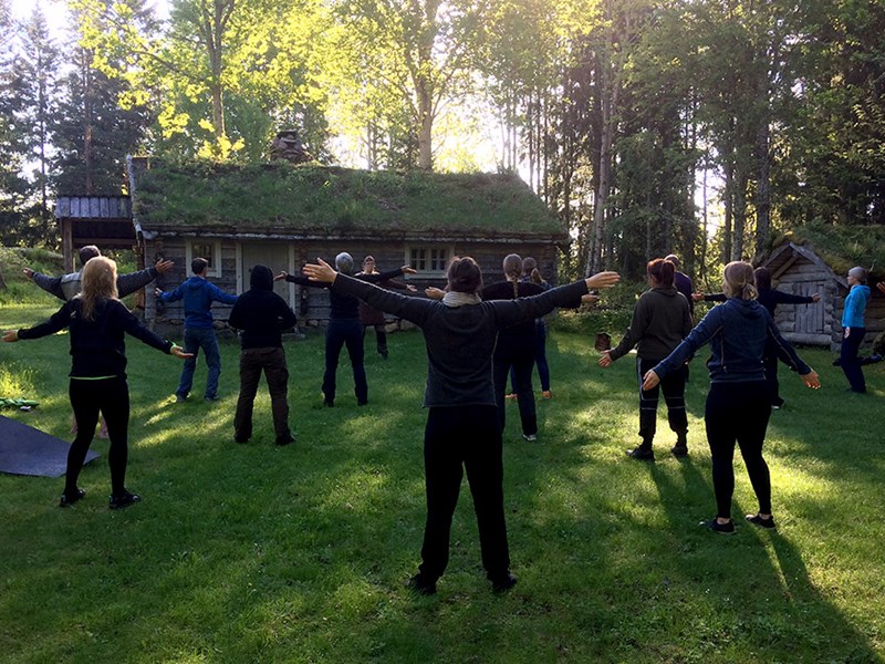 About ten people performing qigong outdoors. Photo.