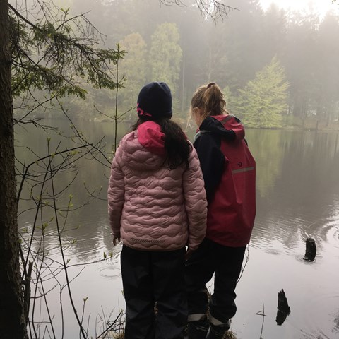 Två barn står och ser ut över en dimmig sjö