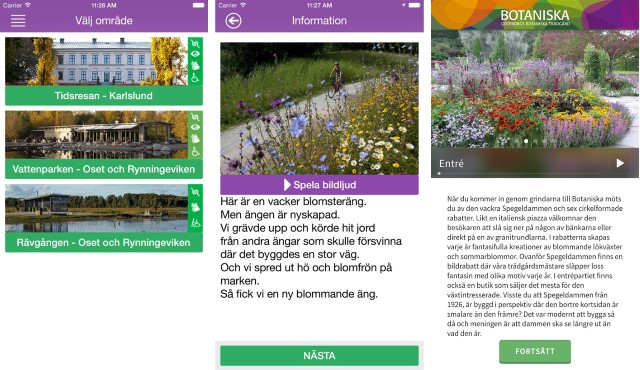 Skärmbilder från appen “Natur- och kulturguide” i Örebro och från "Botaniska" i Göteborg