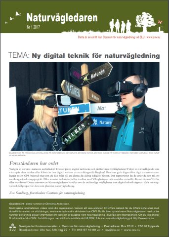 Framsida på nyhetsbrevet Naturvägledaren från 2017 med temat Ny digital teknik för naturvägledning