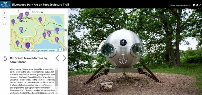 Varje konstverk presenteras också i Digital maps vilket gör det hela lättare för besökaren att få mer information om konstnären och konstverket. Foto: Skärmklipp från Three Rivers Park District