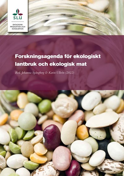 Framsida av forskningsagenda. Vit text på lila bakgrund med foto av blandade bönor i bakgrunden.