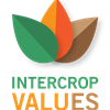 Intercrop values logotyp, stiliserade blad i olika färg formar en blomma.