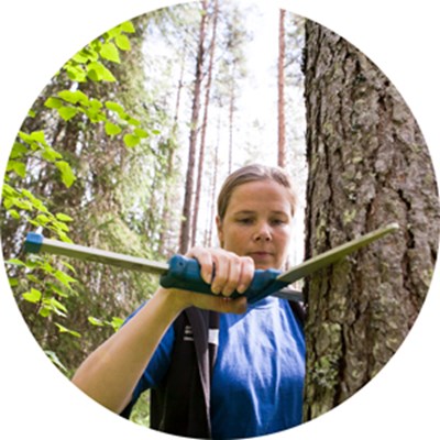 En kvinna står vid en trädstam med ett mätverktyg. Foto.