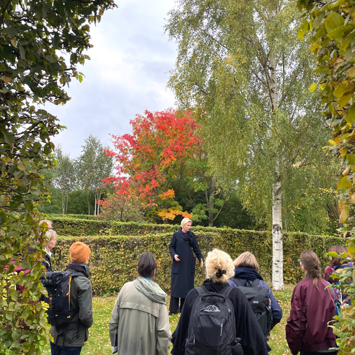 Group of people in a park with autumn colours.