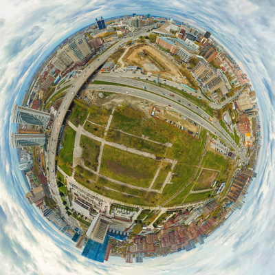 Fish eye view over urban landscape.