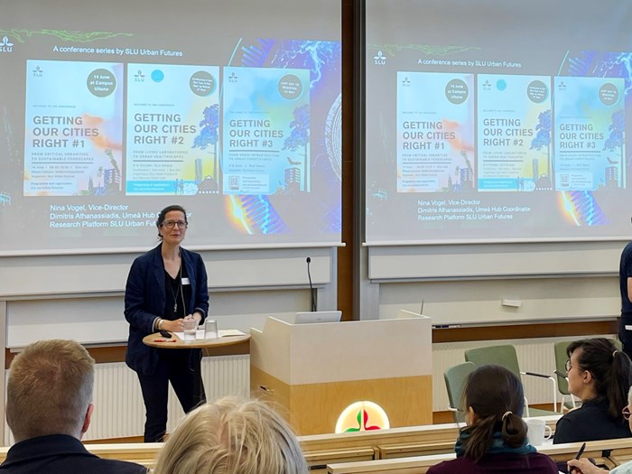 Woman talking in front of a PowerPoint screen.