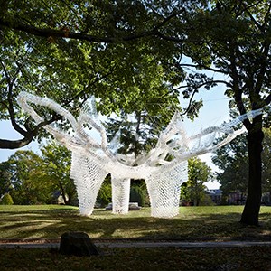 An artwork made out of plastic cups placed between trees in a park.