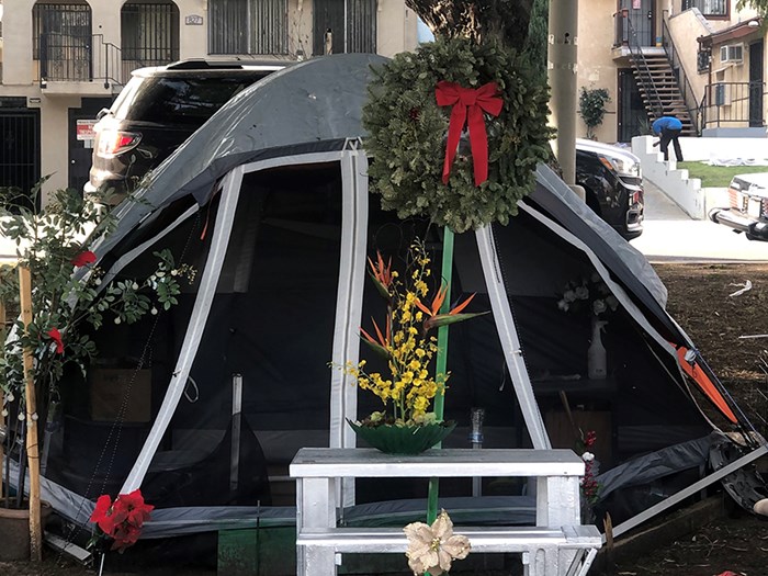 Tent with Christmas decorations.
