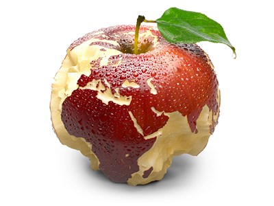 Earth on an apple. Foto.
