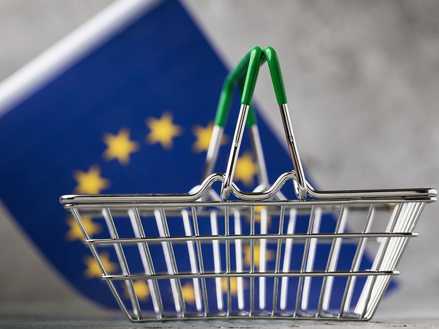 En kundkorg i miniatyr framför en EU-flagga. Foto.