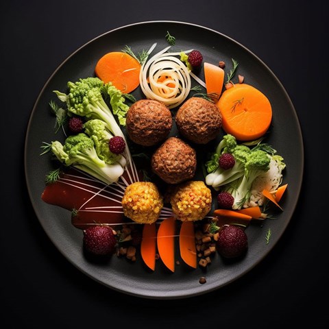 Ai-genererad bild av en tallrik med morotsbollar och blodbiffar, tillsammans med morötter och broccoli.