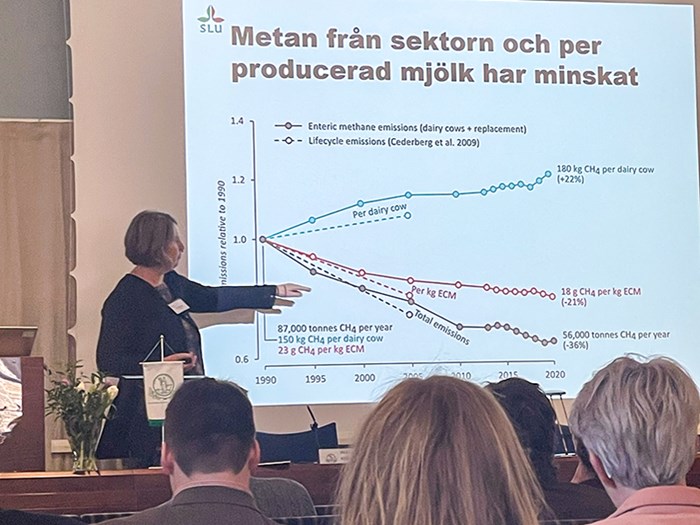 En kvinna vid en presentation framför publik. Foto.